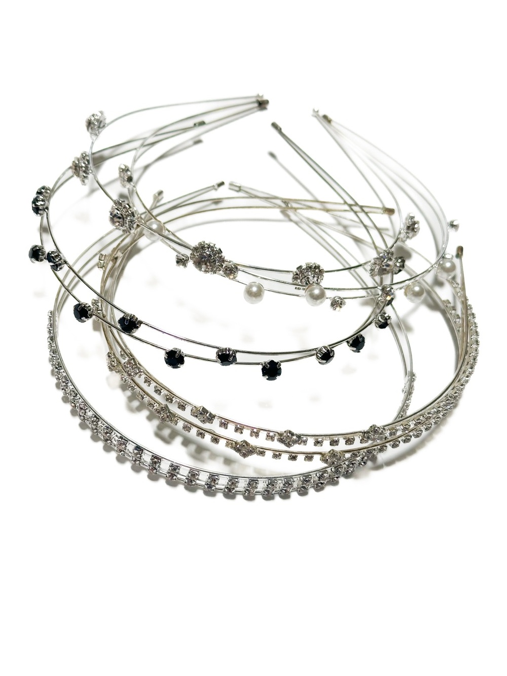 Set of 6 Silver Wire Rhinestone, Pearl, & Black Crystal Headbands
